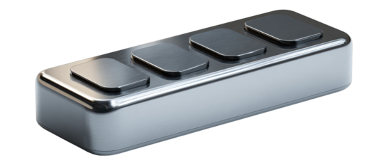 Rectangular, metallic control panel with three dark gray buttons