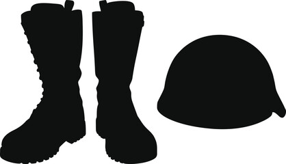 Silhouette of two tall lace up boots and a military helmet