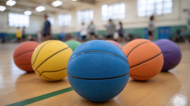 A collection of vibrant basketballs in various colors on a gym floor, with players in the background. Ideal for sports and fitness themes.