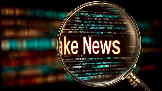 Magnifying glass highlighting words fake news digital background concept of misinformation disinformation media manipulation online rumors and false information