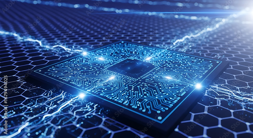 Fototapete a futuristic microchip with glowing blue circuits and electrical energy flowing across a hexagonal g