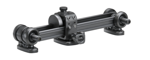 Precise linear motion system with adjustable supports.  Components for precise positioning and movement.  The system appears to use a linear rail mechanism with wheels for smooth movement
