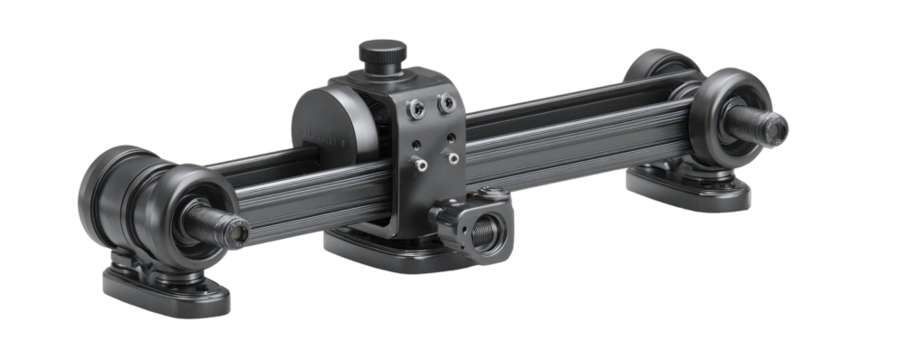Precise linear motion system with adjustable supports.  Components for precise positioning and movement.  The system appears to use a linear rail mechanism with wheels for smooth movement