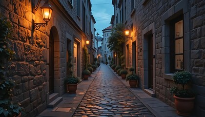 Explore the charm of a european cobblestone street at dusk with warm lights