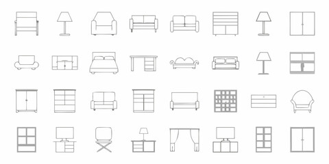 Collection of modern furniture icons in a clean line art style for interior design and home decor © Partha