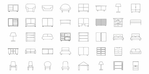 Collection of simple line art icons representing various furniture pieces for home interior design