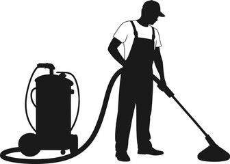 Silhouette of a cleaner using a powerful industrial vacuum cleaner for deep cleaning services