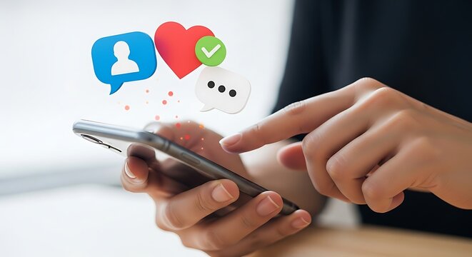 Person using smartphone for social media interaction with floating icon graphic overlays
