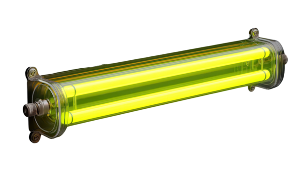 Bright, rectangular, neon-style light fixture.  Transparent yellow-green tubes