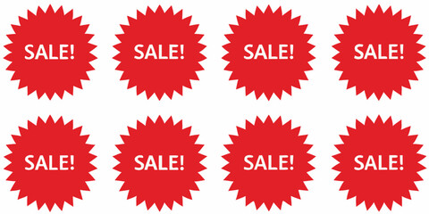 Eight red starburst sale tags with white text announcing discounts and promotions