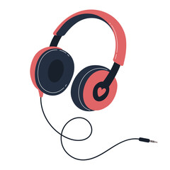 Vector illustration of modern over-ear headphones with a heart detail and audio cable. Clean flat design perfect for music, podcast, audio, or technology-themed designs