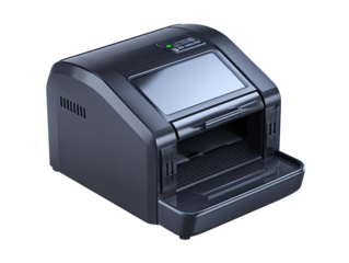 Dark gray, rectangular, modern document processor.  Features a small LCD screen, input/output slots, and control panel.  Compact and functional