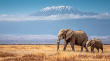 Elephants graze in a golden grassland under a snow-capped mountain backdrop