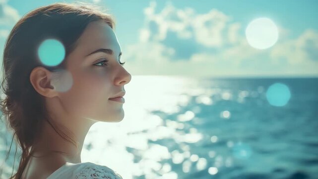 Young woman gazing at sea with sun low on horizon, radiating warm glow.