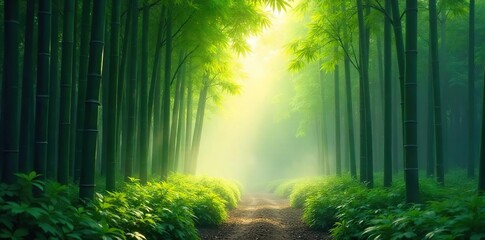 Fototapeta premium Serene bamboo forest bathed in soft morning light, mist clinging to the lush greenery A tranquil scene evoking peace and natural beauty , zen, environment, asia