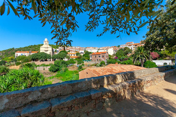 Greek church Saint-Spyrido, Carg&egrave;se, Corsica, France. Typical and picturesque hillside village. Hilltop town nestled on the coast above the Mediterranean sea.
