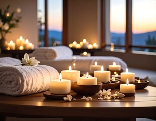 Relaxing spa scene with candles and towels
