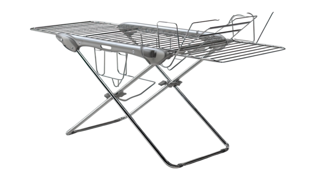 Portable, foldable clothes drying rack.  Metal frame, grid drying surface
