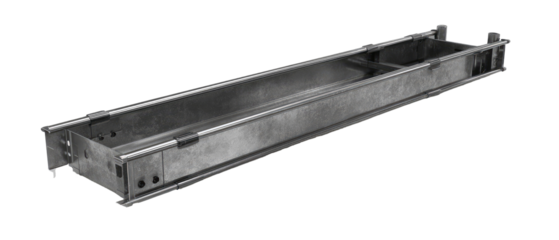 Long, rectangular, metal trough.  Made of a light gray metal,  it has a flat bottom and slightly raised sides.  Visible are  metal supports along the top and bottom edges.
