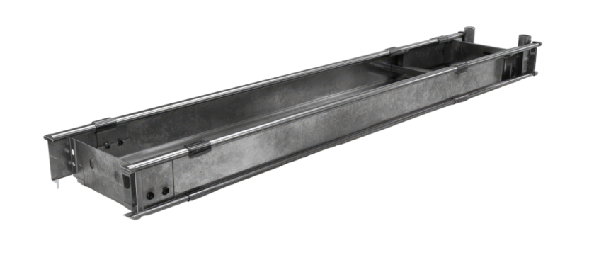 Long, rectangular, metal trough.  Made of a light gray metal,  it has a flat bottom and slightly raised sides.  Visible are  metal supports along the top and bottom edges.