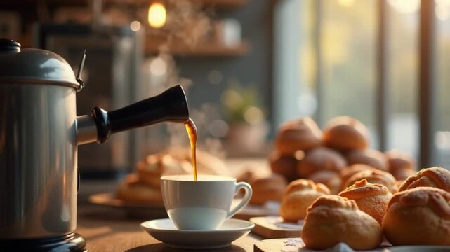 CGI Coffee brewing at a modern cafe in the morning with fresh pastries on display