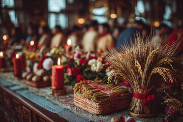 A close-up of the symbolic rice sheaf offering at Agera festival. Golden stalks tied with red ribbon, placed on the church altar with candles and flowers.