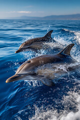 Fototapeta premium Energetic Dolphins Leaping Through Sparkling Azure Ocean Waves Under Bright Sun