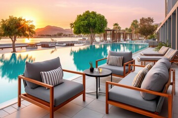 Fototapeta premium Luxurious outdoor pool area with modern seating during sunset