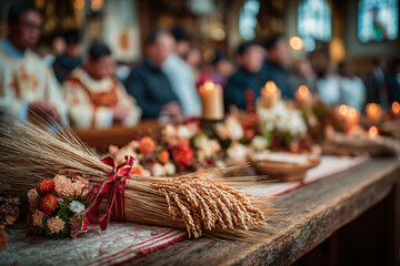 A close-up of the symbolic rice sheaf offering at Agera festival. Golden stalks tied with red ribbon, placed on the church altar with candles and flowers.