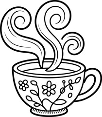 Black and white illustration of a steaming cup with flower design
