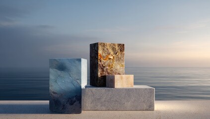 Geometric marble podiums by the sea at sunrise