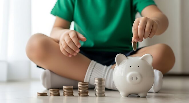 Young Boy Saving Money into Piggy Bank Teaches Financial Responsibility and Future Planning - Powered by Adobe