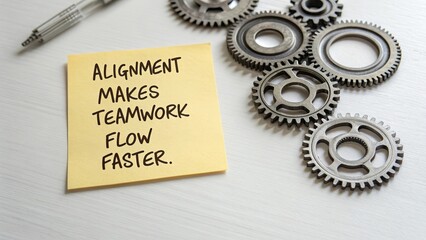 Sticky Note with Motivational Quote and Gears on Wooden Desk