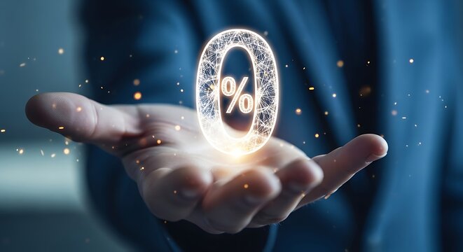 Zero percent interest rate concept displayed over a hand for business promotions and financial planning