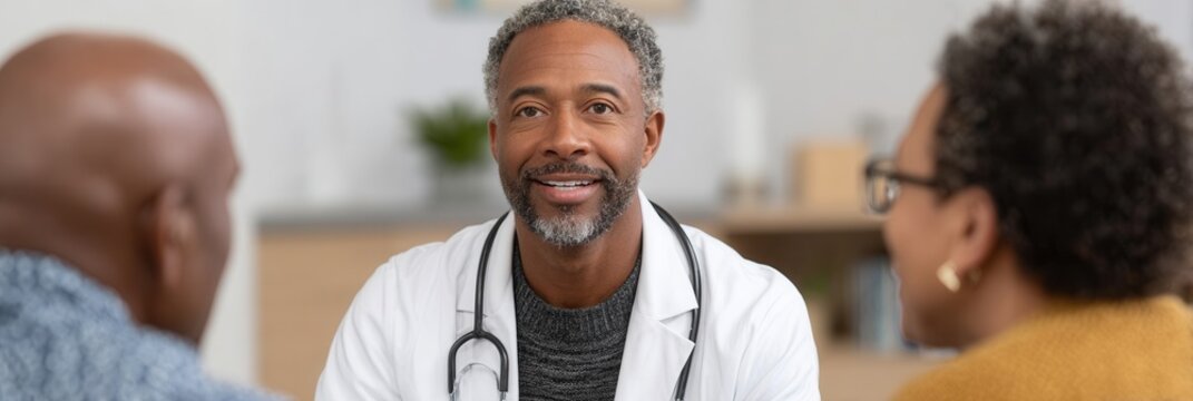 A friendly doctor engages with two patients in a bright, modern clinic. The atmosphere is warm and welcoming, promoting open communication.