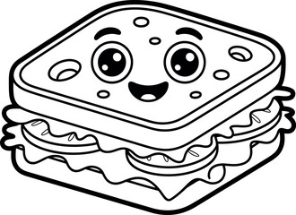 Cartoon Sandwich with Happy Face and Fresh Ingredients Line Art