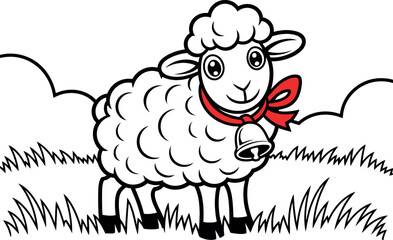 Cartoon sheep with bell and red bow in a field