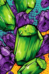 Vibrant illustration of green and purple crystals scattered against a colorful dotted background