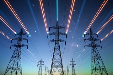 Power lines and energy transmission towers at night sky landscape