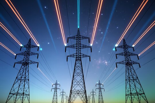 Power lines and energy transmission towers at night sky landscape