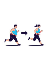 Fototapeta premium Man and woman running transforming from overweight to fit losing weight