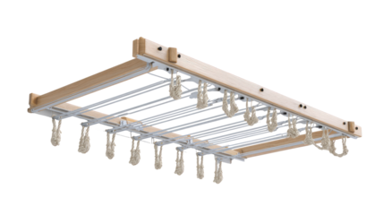 Overhead clothes drying rack with wooden frame and metal rods