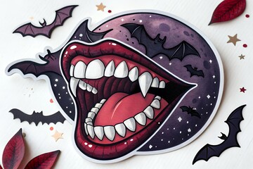 Naklejka premium Vampire mouth with bats and moon halloween sticker art