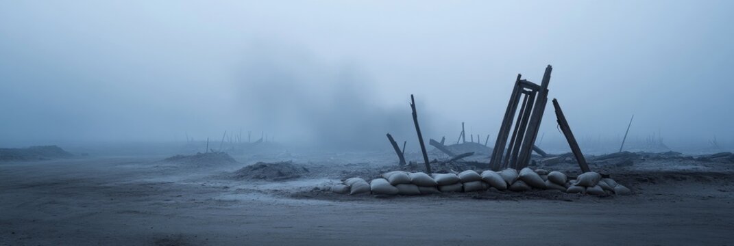 Abandoned battlefield at dawn with fog and debris