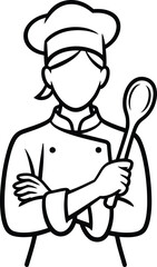 Chef holding a wooden spoon with crossed arms in a kitchen uniform