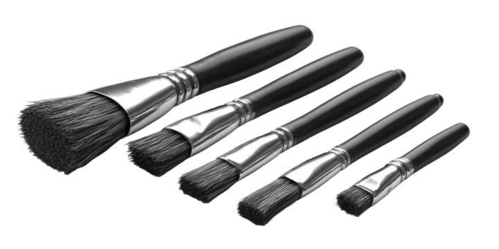 Set of various sized detail brushes with black handles and grey bristles