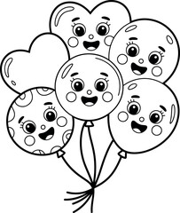Cute cartoon balloons with faces monochrome vector illustration for kids