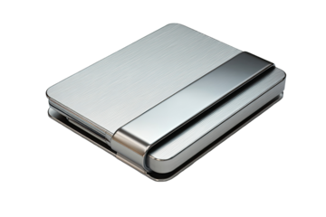 Sleek, silver, metallic, rectangular, foldable, compact, wallet-like device