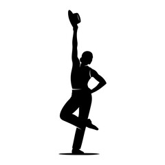 Silhouette of a dancer in a pose with one leg raised holding a hat aloft high