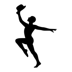 Silhouette of a man dancing with a hat raised above his head in celebration